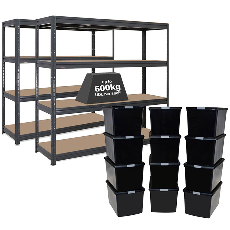 2x HRX Heavy Duty Shelving - 1770mm High - Grey with 12x 62L Wham DIY Plastic Storage Boxes