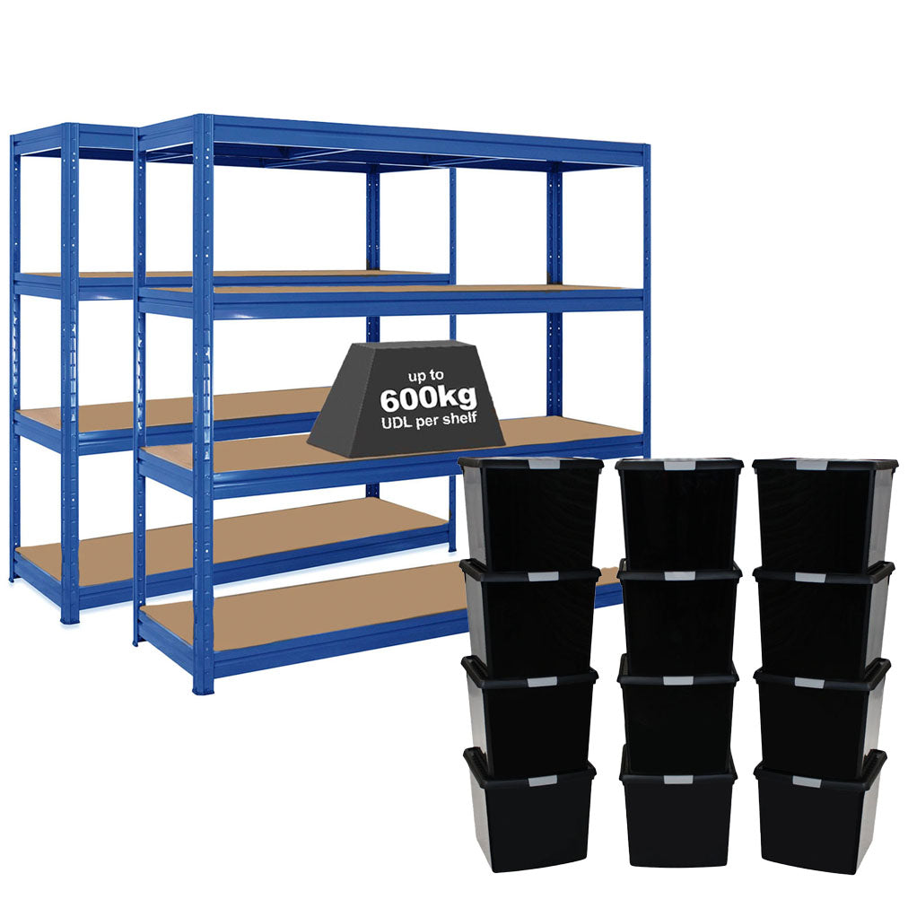 Plastic Racking Boxes 2x Storalex HRX Heavy Duty Shelving 1770mm High Blue with 12x 37L ...