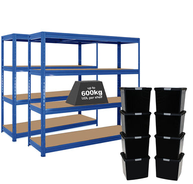 2x HRX Heavy Duty Shelving - 1770mm High - Blue with 8x 37L Wham DIY Plastic Storage Boxes
