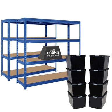 2x HRX Heavy Duty Shelving - 1770mm High - Blue with 8x 62L Wham DIY Plastic Storage Boxes