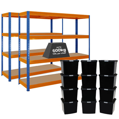 2x HRX Heavy Duty Shelving - 1770mm High - Blue & Orange with 12x 37L Wham DIY Plastic Storage Boxes