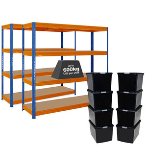 2x HRX Heavy Duty Shelving - 1770mm High - Blue & Orange with 8x 62L Wham DIY Plastic Storage Boxes