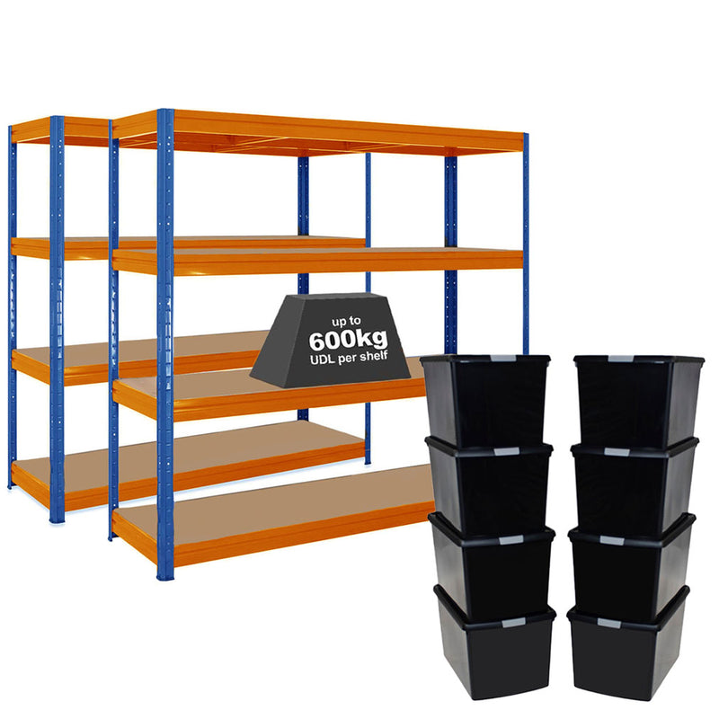 2x HRX Heavy Duty Shelving - 1770mm High - Blue & Orange with 8x 62L Wham DIY Plastic Storage Boxes