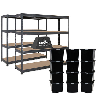2x HRX Heavy Duty Shelving - 1770mm High - Grey with 12x 37L Wham DIY Plastic Storage Boxes