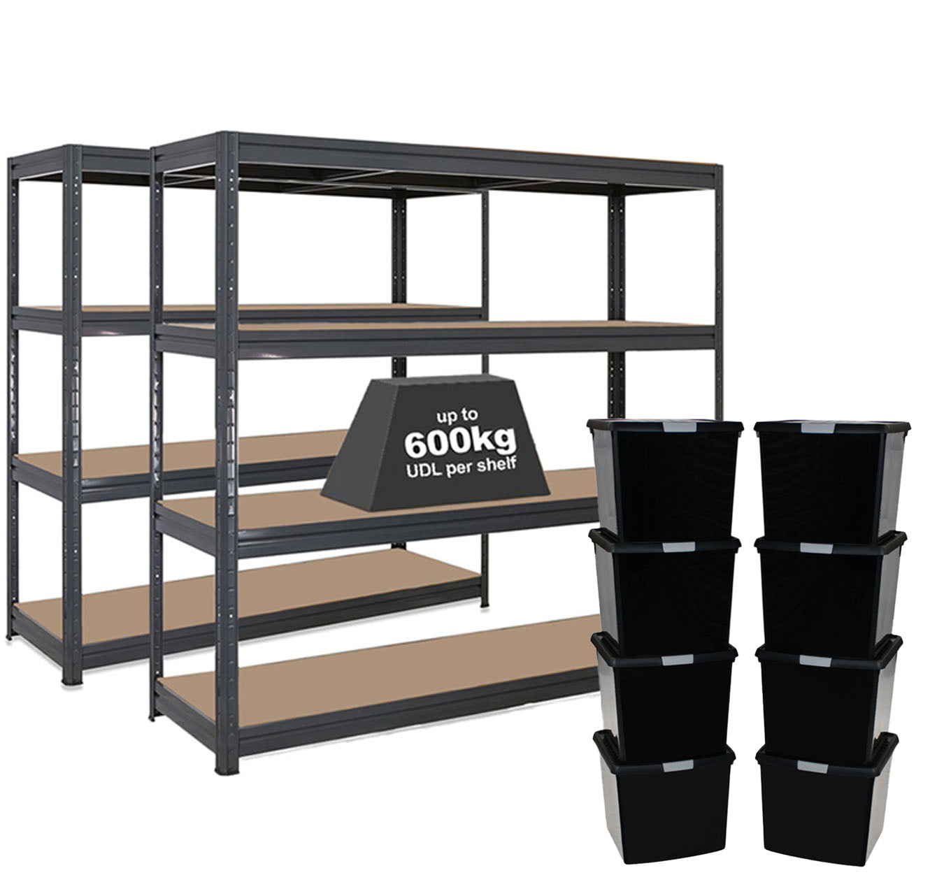 2x Storalex HRX Heavy Duty Shelving 1770mm High Grey with 8x 37L ...
