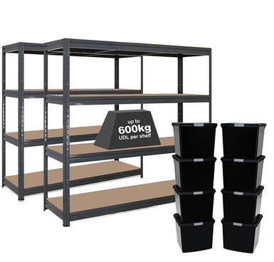 2x HRX Heavy Duty Shelving - 1770mm High - Grey with 8x 37L Wham DIY Plastic Storage Boxes