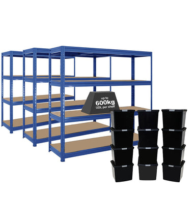 3x HRX Heavy Duty Shelving - 1770mm High - Blue with 12x 37L Wham DIY Plastic Storage Boxes