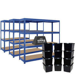 3x HRX Heavy Duty Shelving - 1770mm High - Blue with 12x 62L Wham DIY Plastic Storage Boxes