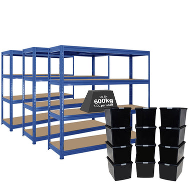 3x HRX Heavy Duty Shelving - 1770mm High - Blue with 12x 62L Wham DIY Plastic Storage Boxes