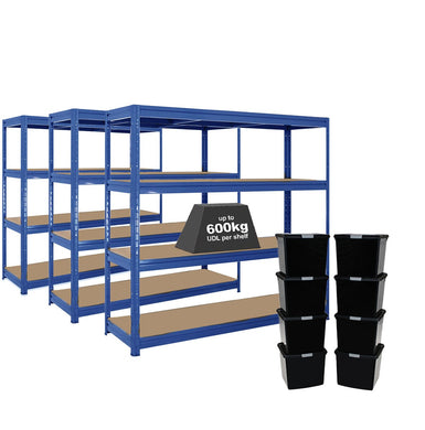 3x HRX Heavy Duty Shelving - 1770mm High - Blue with 8x 37L Wham DIY Plastic Storage Boxes