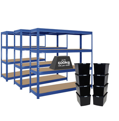 3x HRX Heavy Duty Shelving - 1770mm High - Blue with 8x 62L Wham DIY Plastic Storage Boxes