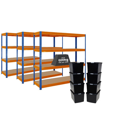 3x HRX Heavy Duty Shelving - 1770mm High - Blue & Orange with 8x 62L Wham DIY Plastic Storage Boxes