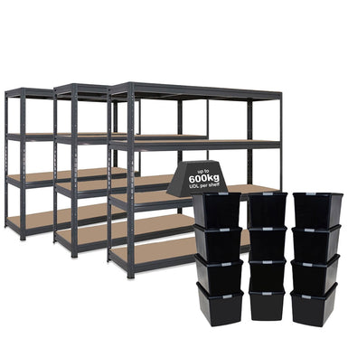 3x HRX Heavy Duty Shelving - 1770mm High - Grey with 12x 62L Wham DIY Plastic Storage Boxes