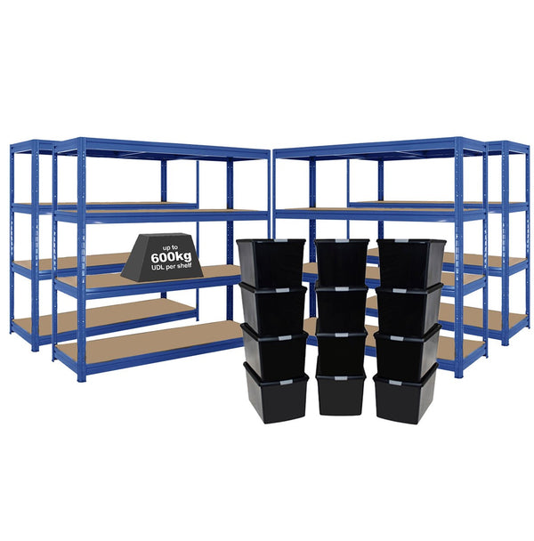 4x HRX Heavy Duty Shelving - 1770mm High - Blue with 12x 62L Wham DIY Plastic Storage Boxes