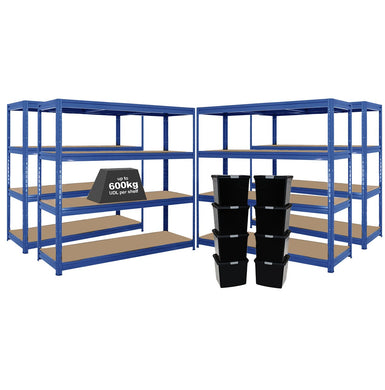 4x HRX Heavy Duty Shelving - 1770mm High - Blue with 8x 37L Wham DIY Plastic Storage Boxes