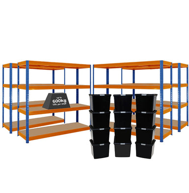 4x HRX Heavy Duty Shelving - 1770mm High - Blue & Orange with 12x 37L Wham DIY Plastic Storage Boxes