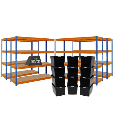 4x HRX Heavy Duty Shelving - 1770mm High - Blue & Orange with 12x 62L Wham DIY Plastic Storage Boxes