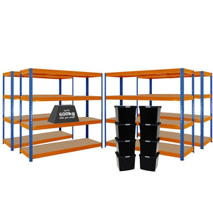 4x HRX Heavy Duty Shelving - 1770mm High - Blue & Orange with 8x 37L Wham DIY Plastic Storage Boxes