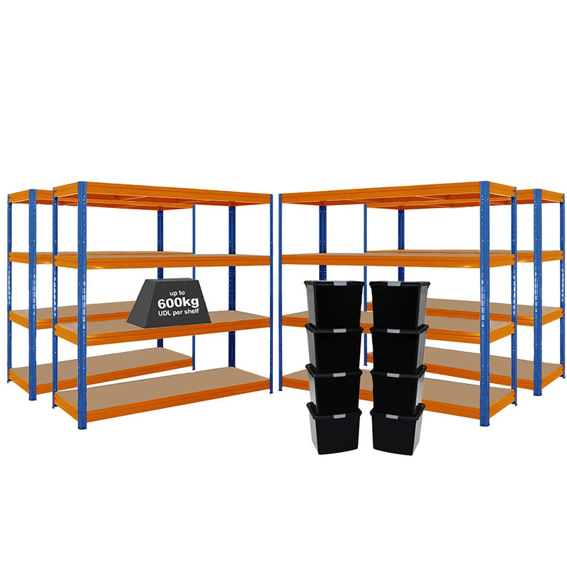 4x HRX Heavy Duty Shelving - 1770mm High - Blue & Orange with 8x 37L Wham DIY Plastic Storage Boxes