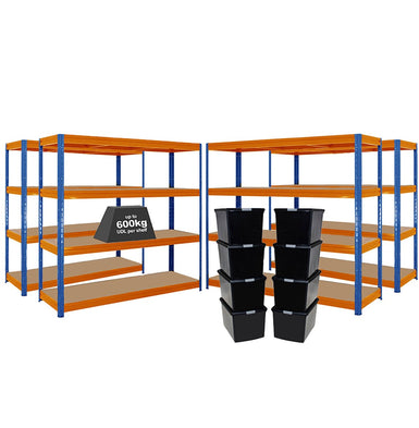 4x HRX Heavy Duty Shelving - 1770mm High - Blue & Orange with 8x 62L Wham DIY Plastic Storage Boxes