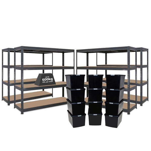 4x HRX Heavy Duty Shelving - 1770mm High - Grey with 12x 62L Wham DIY Plastic Storage Boxes