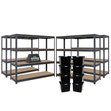 4x HRX Heavy Duty Shelving - 1770mm High - Grey with 8x 37L Wham DIY Plastic Storage Boxes