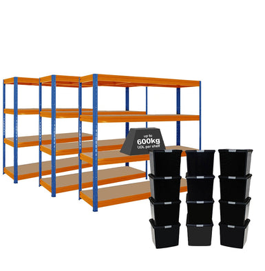 3x HRX Heavy Duty Shelving - 1770mm High - Blue & Orange with 12x 37L Wham DIY Plastic Storage Boxes