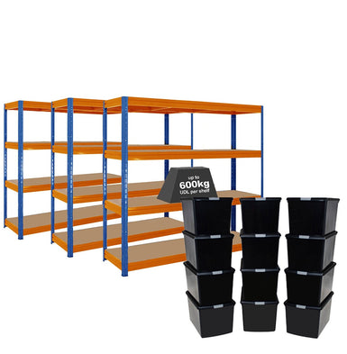 3x HRX Heavy Duty Shelving - 1770mm High - Blue & Orange with 12x 62L Wham DIY Plastic Storage Boxes