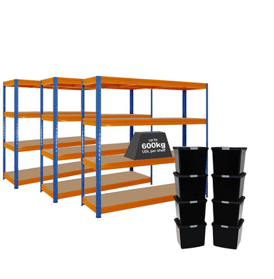 3x HRX Heavy Duty Shelving - 1770mm High - Blue & Orange with 8x 37L Wham DIY Plastic Storage Boxes