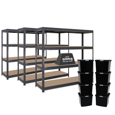 3x HRX Heavy Duty Shelving - 1770mm High - Grey with 8x 37L Wham DIY Plastic Storage Boxes