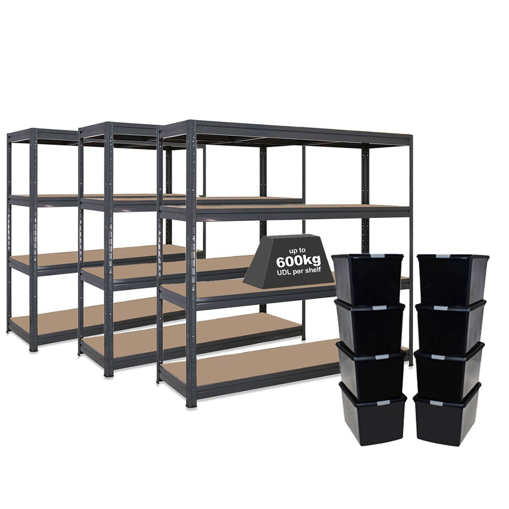 Large Box Storage Racks 3x Storalex HRX Heavy Duty Shelving 1770mm High Grey with 8x 62L ...