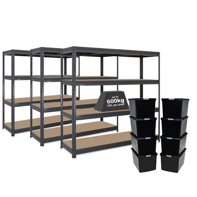 3x HRX Heavy Duty Shelving - 1770mm High - Grey with 8x 62L Wham DIY Plastic Storage Boxes