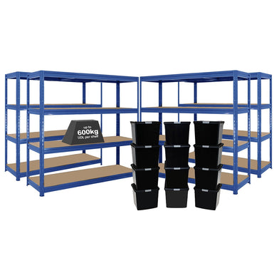4x HRX Heavy Duty Shelving - 1770mm High - Blue with 12x 37L Wham DIY Plastic Storage Boxes