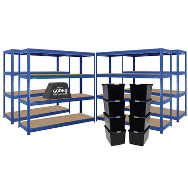 4x HRX Heavy Duty Shelving - 1770mm High - Blue with 8x 62L Wham DIY Plastic Storage Boxes