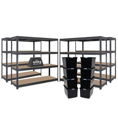 4x HRX Heavy Duty Shelving - 1770mm High - Grey with 8x 62L Wham DIY Plastic Storage Boxes