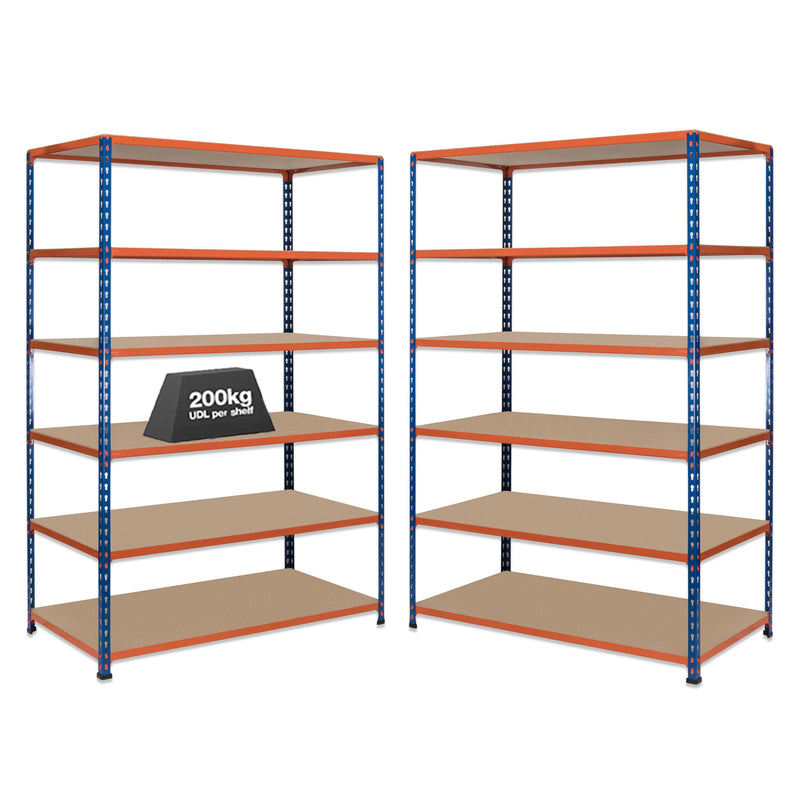 2x SX200 Industrial Shelving - 2440mm High - 200kg - Chipboard - Blue & Orange