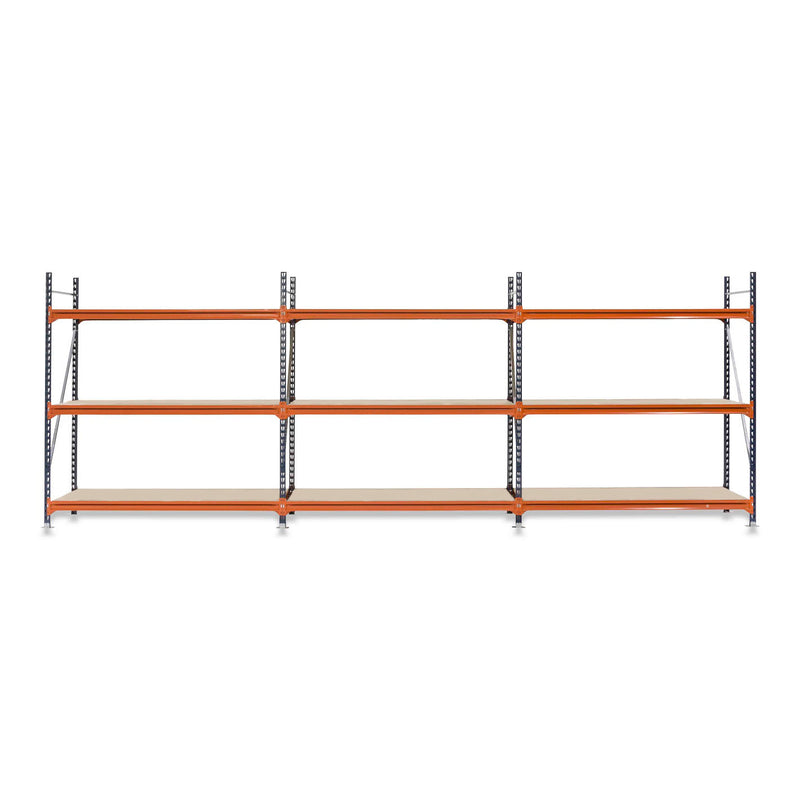 3x Mecalux Heavy Duty Longspan Shelving - 3000mm High - Blue & Orange