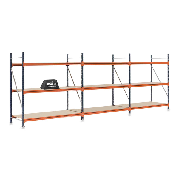 3x Mecalux Heavy Duty Longspan Shelving - 2500mm High - Blue & Orange