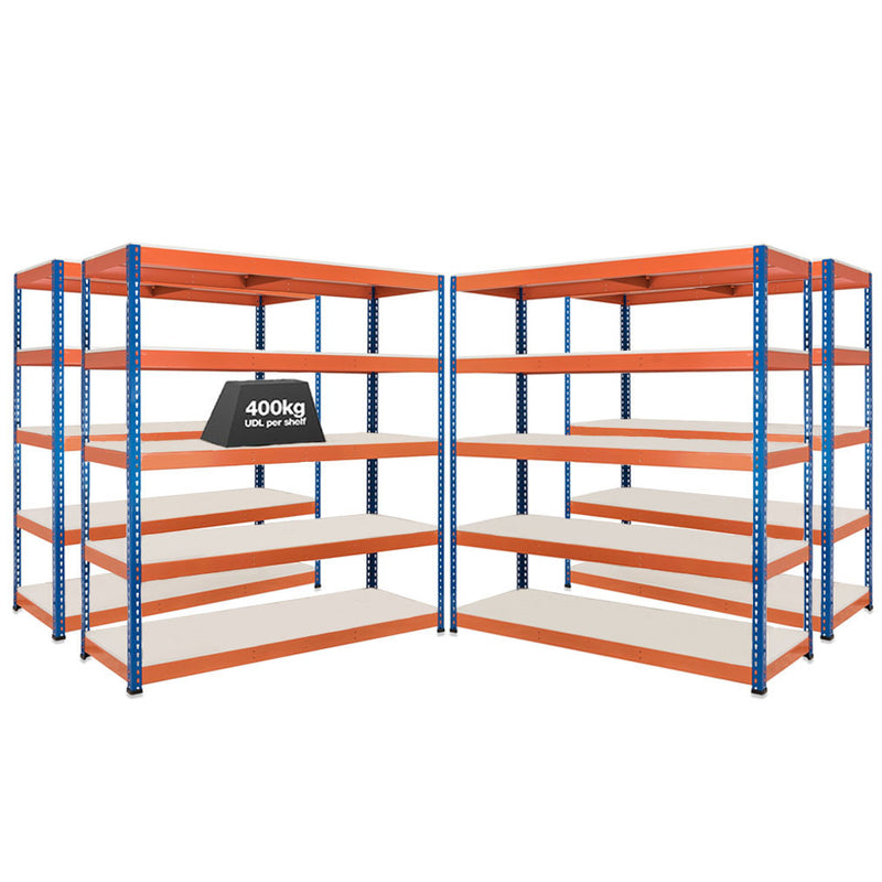 4x SX400 Industrial Shelving - 1677mm High - 400kg - Melamine - Blue & Orange