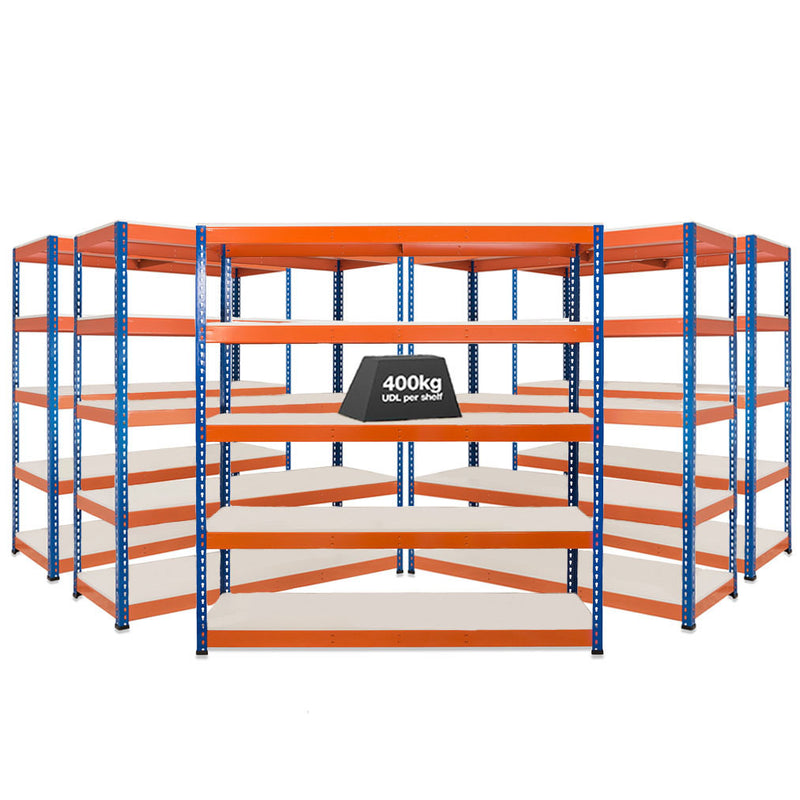 5x SX400 Industrial Shelving - 1677mm High - 400kg - Melamine - Blue & Orange