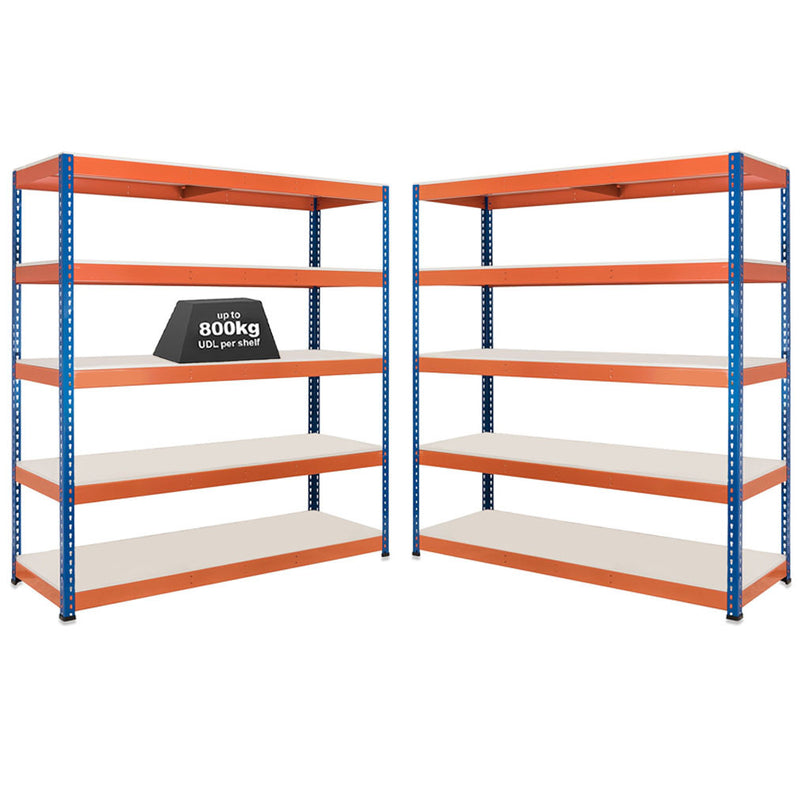 2x SX800 Industrial Shelving - 2440mm High - 800kg - Melamine - Blue & Orange