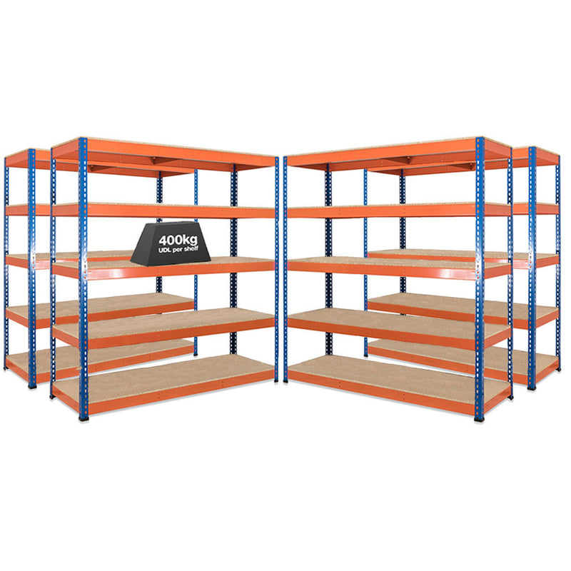 4x SX400 Industrial Shelving - 2440mm High - 400kg - Chipboard - Blue & Orange
