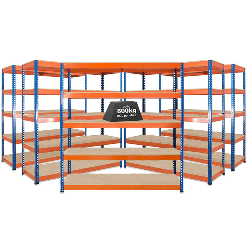 5x SX800 Industrial Shelving - 2440mm High - 800kg - Chipboard - Blue & Orange