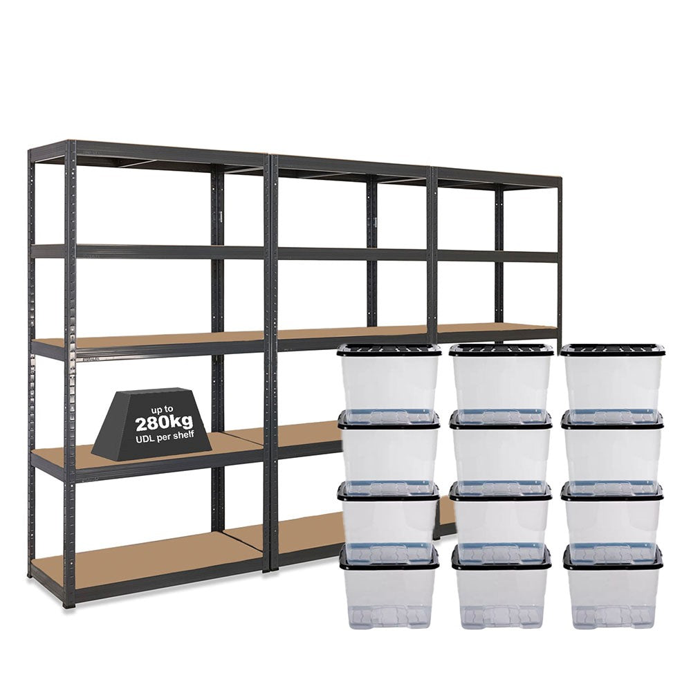 Strata Storage Box Frame 3x Storalex VRS Shelving Units 1800mm High Grey with 12x 24L Strata ...