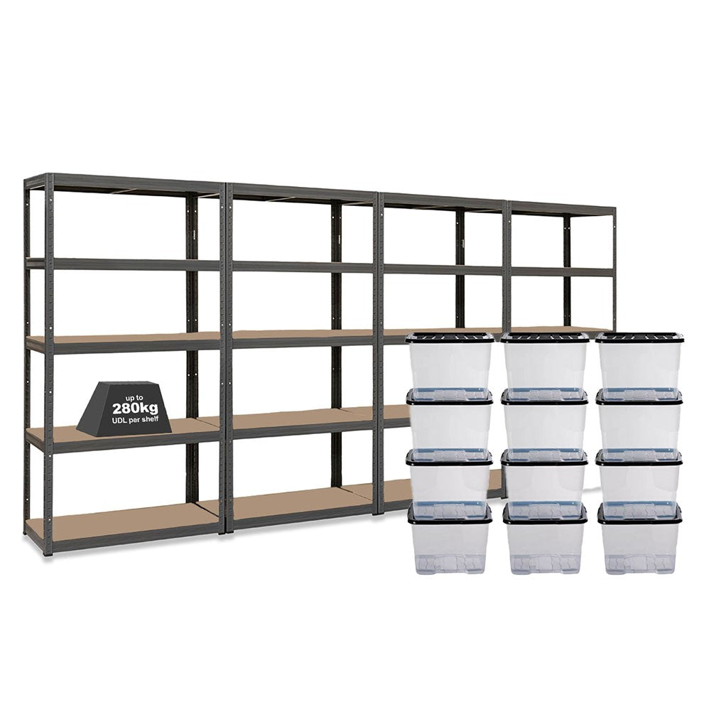 Tufferman 4x Storalex VRS Shelving Units 1800mm High Grey with 12x 24L Strata ...
