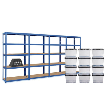 4x VRS Shelving Units - 1800mm High - Blue with 12x 24L Strata Plastic Storage Boxes