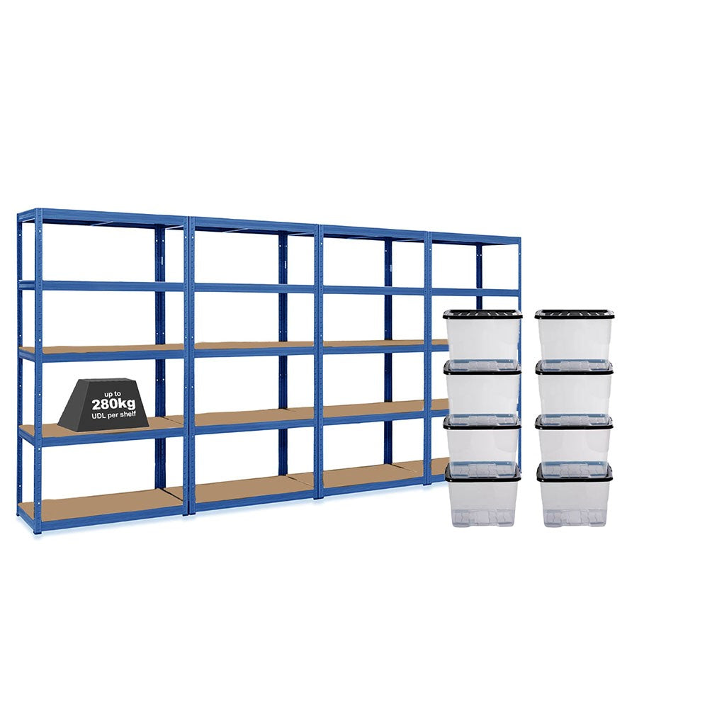 Strata Storage Box Frame 4x Storalex VRS Shelving Units 1800mm High Blue with 8x 24L Strata ...