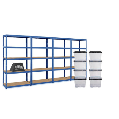 4x VRS Shelving Units - 1800mm High - Blue with 8x 24L Strata Plastic Storage Boxes