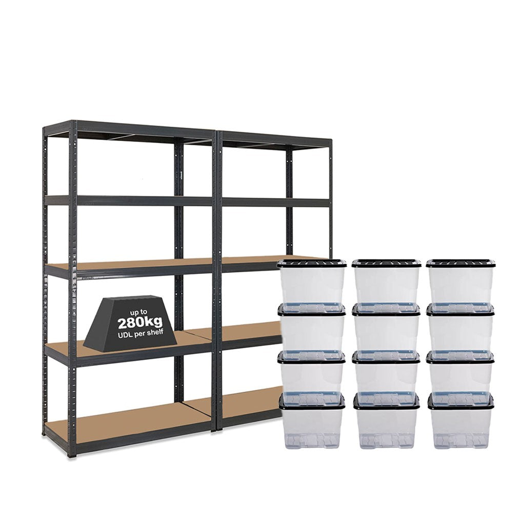 Large Box Storage Racks 2x Storalex VRS Shelving Units 1800mm High Grey with 12x 24L Strata ...