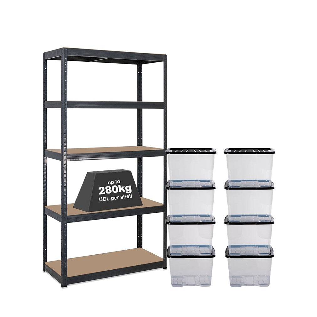 Strata Storage Box Frame 1x Storalex VRS Shelving Unit 1800mm High Grey with 8x 24L Strata ...